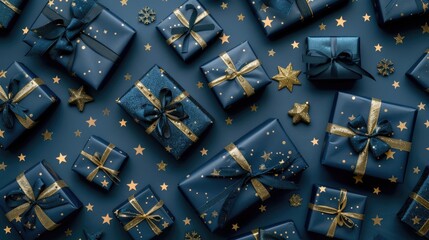 Generative AI illustration of blue gifts with golden bows and ribbons placed on blue background near stars Ai generated