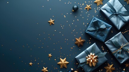 Generative AI illustration of blue gifts with golden bows and ribbons placed on blue background near stars Ai generated