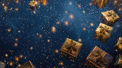 Naklejka premium Generative AI illustration of blue gifts with golden bows and ribbons placed on blue background near stars Ai generated
