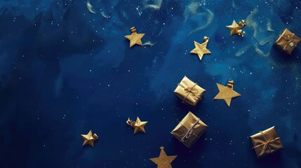 Fototapeta premium Generative AI illustration of blue gifts with golden bows and ribbons placed on blue background near stars Ai generated
