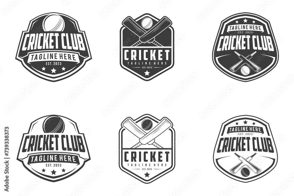 Wall mural cricket logo badge emblem, cricket team sport design, sticks and cricket ball vector monochrome styl