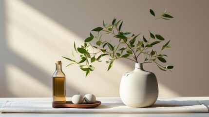 A minimalist setup of yoga and meditation items, such as a simple mat and a small plant, on a white - Powered by Adobe
