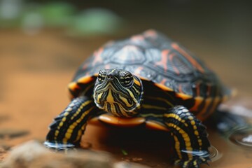 A turtle looking at the camera with a sharp gaze.