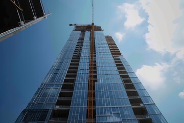 Obraz premium Looking up at a tall skyscraper under construction against a clear blue sky
