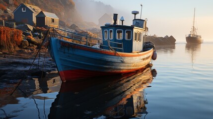 A foggy morning in a coastal fishing village, the outlines of boats barely visible through the mist,