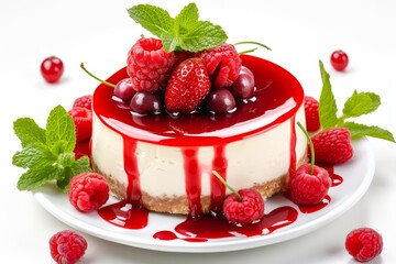 Elegant cheesecake topped with fresh berries and red sauce on white background