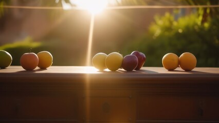 Fruits lie on the table and the sun's rays fall on them