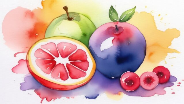 Fruits painted with watercolors on a light background