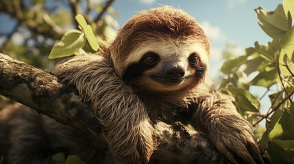 Fototapeta premium A sloth hanging from a tree branch, slow movements, lush rainforest environment, symbolizing the rel