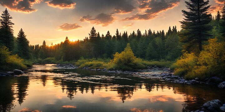 A vibrant sunset paints the sky above a tranquil forest river. Generative AI. © Olga Khoroshunova