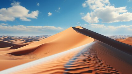 A daring individual sandboarding down the steep and sunlit dunes of a vast desert, the smooth lines