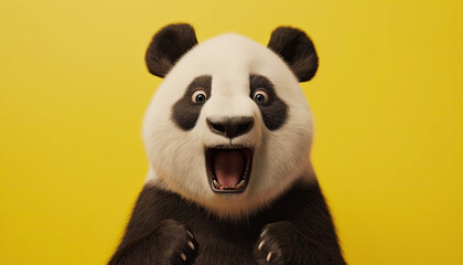close up of a panda bear on a yellow background with it's mouth open