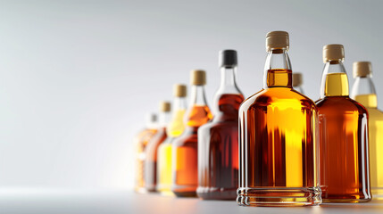 Shot of different Alcoholic Beverages bottles, white lighting, studio light and colored background. Glass containers with different drinks, as well as different shapes and colors