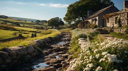 A quaint country cottage surrounded by wildflowers, the rustic charm of the stone walls and thatched