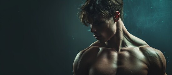 Muscular shirtless man gazing downwards with intense expression, showing masculine strength and confidence - obrazy, fototapety, plakaty