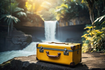 A yellow suitcase on the background of a waterfall in the rainforest. Travel, trekking tour to wild, exotic places, tourism, outdoor activities