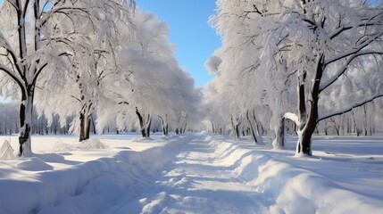 Obraz premium A crisp and clear winter morning in the woods, sunlight filtering through the frosted trees, casting