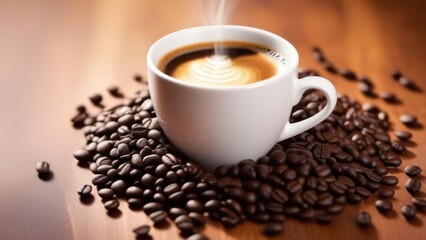 Fototapeta premium A cup of aromatic coffee in a white mug, scattered coffee beans around