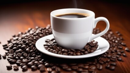 Fototapeta premium A cup of aromatic coffee in a white mug, scattered coffee beans around