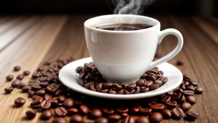 Obraz premium A cup of aromatic coffee in a white mug, scattered coffee beans around