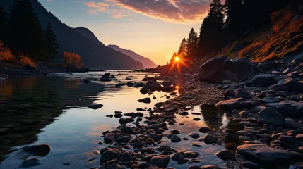 Foto op Canvas A mountain river at twilight, the fading light casting a soft glow on the water and rocks, the scene © ProVector