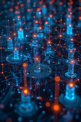Abstract illustration of a digital landscape with glowing orange and blue lights representing a futuristic city or technology.