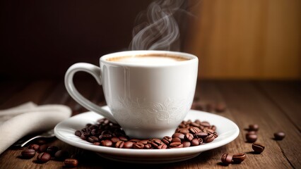 A cup of aromatic coffee in a white mug, scattered coffee beans around