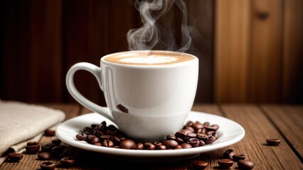 A cup of aromatic coffee in a white mug, scattered coffee beans around