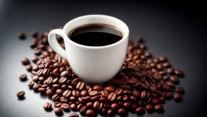A cup of aromatic coffee in a white mug, scattered coffee beans around