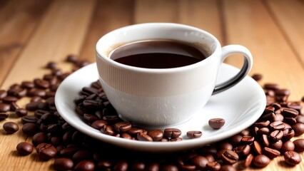 Obraz premium A cup of aromatic coffee in a white mug, scattered coffee beans around
