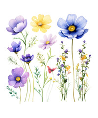 Watercolor Wildflowers Isolated on Transparent Background