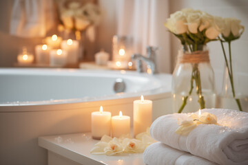 Fototapeta na wymiar Spa salon accessories. Rest and relaxation. Skin care product package design. Bathroom with candles, towels, spa products.