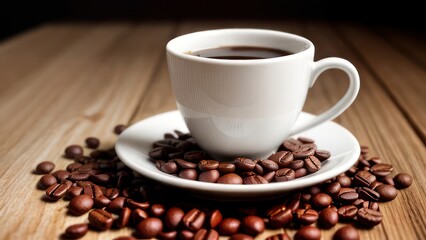 A cup of aromatic coffee in a white mug, scattered coffee beans around