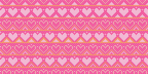 Heart point pattern, Cute cross stitch background, Knitted valentine pattern, Love handcraft triangle style, White and pink pattern love knit thread, Design for textile, fabric, batik, wrapping
