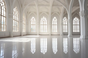 Large bright empty hall with shiny floor and big windows