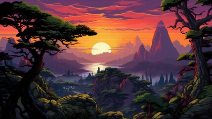 fantasy landscape sunset mountains forest river valley - obrazy, fototapety, plakaty