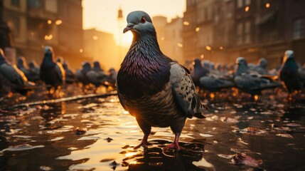A group of pigeons gathered around a city square fountain, people feeding them in the background, hi - obrazy, fototapety, plakaty