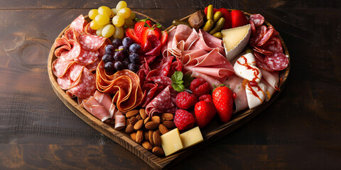 mixed hearpshape meat and fruit nut plate appetizer or side bites for wine tasteing