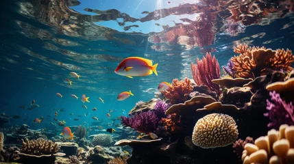  A school of colorful fish swimming around a coral reef, vibrant coral colors, clear blue water, show © ProVector