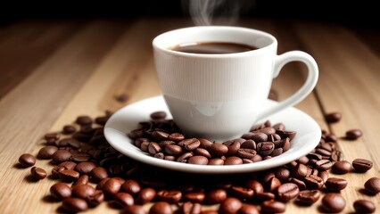 Fototapeta premium A cup of aromatic coffee in a white mug, scattered coffee beans around