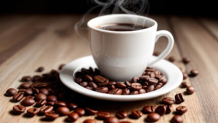 A cup of aromatic coffee in a white mug, scattered coffee beans around