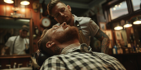Obraz premium barber cuts his client's hair and beard