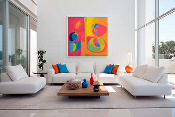 A modern living area with a minimalist approach, showcasing a predominantly white color scheme with tasteful splashes of vibrant colors in the decor