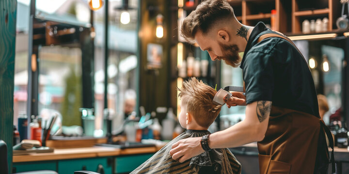 barber cuts his client's hair and beard who is a little boy child in a baber shop
