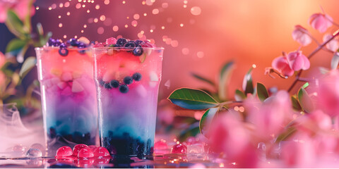 colorful crazy boba tea with pech color background