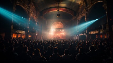 A historic city theater transformed into a concert venue, vintage marquee lights, rich history blend
