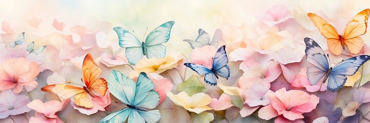 Pastel color butterflies on delicate spring flowers in a field with a space for text. Spring time. - obrazy, fototapety, plakaty