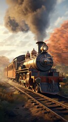 Naklejka premium Vintage steam locomotive train ride through a beautiful autumn forest