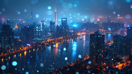 Elevated night view of a city's illuminated skyline with reflections on water during a gentle rain, creating a bokeh effect.
