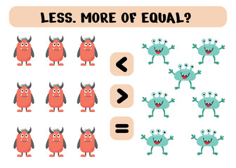 Game for preschoolers. Less, more or equal with cute monsters. Vector illustration. Printable sheet